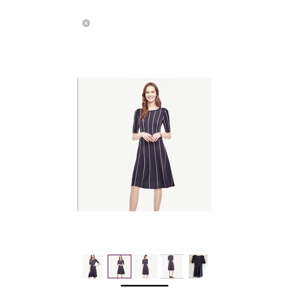 New Ann Taylor Navy Pinstripe Short Sleeve Wool Fit Flare Midi Sweater Dress M